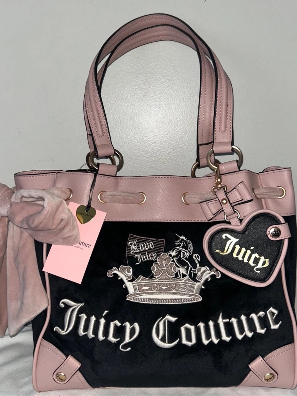 Juicy Couture Black and Pink Embroidered Logo Tote with Heart Charm